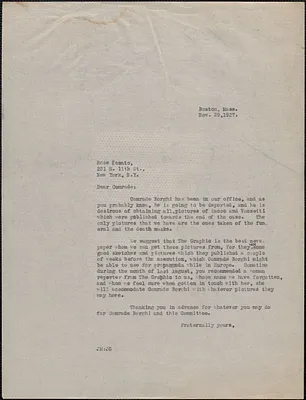 Joseph Moro typed letter (copy) to Rose Pesato, Boston, Mass., November 29, 1927