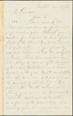 Letter from W.G. White, Worcester, to William Lloyd Garrison, [18]62 Dec[ember] 25