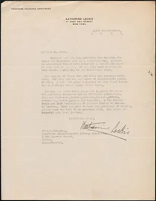 Katherine Leckie typed letter signed to Joseph Moro (Sacco-Vanzetti Defense Committee), New York, N.Y., April 29, 1927