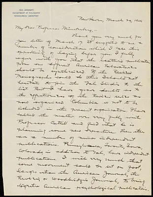 Judd, Charles Hubbard, 1873-1946 autograph letter signed to Hugo Münsterberg, New Haven, Conn., 29 March 1904