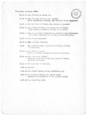 Daily Appointment Sheet for President Harry S. Truman