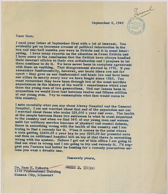 Letter from Harry S. Truman to Sam Roberts