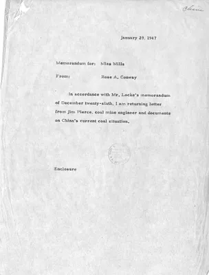 Memorandum from Rose Conway to Eloise Mills, with Attachments