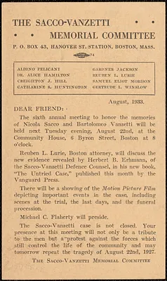 Sacco-Vanzetti Memorial Committee typed postcard (circular), Boston, Mass., August 1933