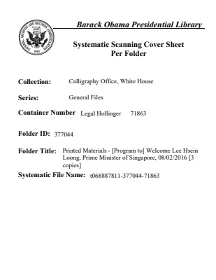 Printed Materials - [Program to] Welcome Lee Hsein Loong, Prime Minister of Singapore, 08/02/2016