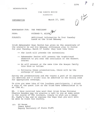 Memorandum from Richard V. Allen to President Ronald Reagan regarding additional information on President Reagan's Tuesday lunch at the Irish Embassy, 03/17/1981