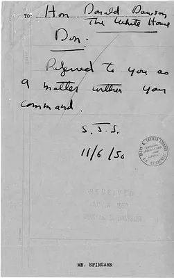 Note from Stephen Spingarn to Donald Dawson, with Attached Letter from Felix E. Larkin to Francis D. Flanagan