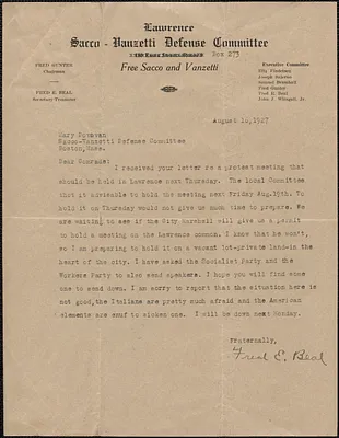 Fred E. Beal (Lawrence Sacco-Vanzetti Defense Committee) typed letter signed to Mary Donovan, Lawrence, Mass., August 16, 1927
