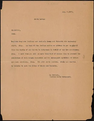 La Notizia telegram (copy) to Benito Mussolini, [Boston, Mass.], August 9, 1927