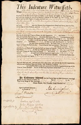 Martha Townsend indentured to apprentice with John Cunningham of Boston, 2 September 1761