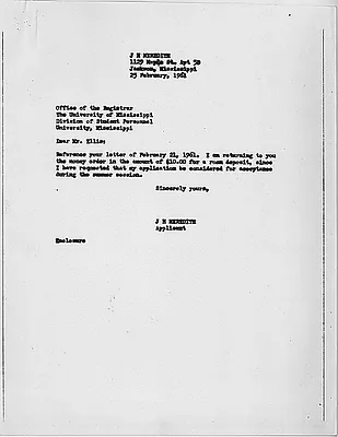 Letter from James Meredith to the Registrar at the University of Mississippi, 25 February 1961