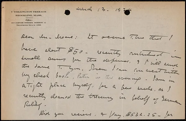 E[lizabeth] G[lendower] Evans autograph letter signed to [Fred H.] Moore, Brookline, Mass., March 13, 1924