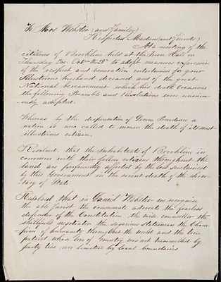 Letter of condolence to Daniel Webster’s widow and family