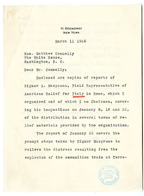 Letter from Myron Taylor to Matthew Connelly, with Attachments