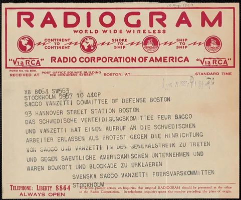 Svenska Sacco-Vanzetti Föersvarskommitten telegram to Sacco-Vanzetti Defense Committee, Stockholm, Sweden, August 10, 1927