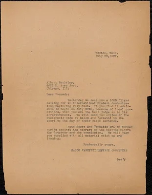 Sacco-Vanzetti Defense Committee typed letter (copy) to Albert Wechsler (Sacco-Vanzetti Defense Conference of Chicago), Boston, Mass., July 20, 1927