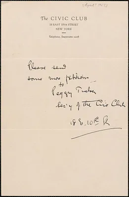 Peggy Tucker (The Civic Club) autograph note signed to Sacco-Vanzetti Defense Committee, New York, N.Y., [April? 1927]