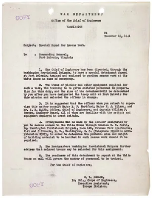 Letter from Lt. Col. C. L. Adcock of the Corps of Engineers to the Commanding General at Fort Bevoir, Virginia