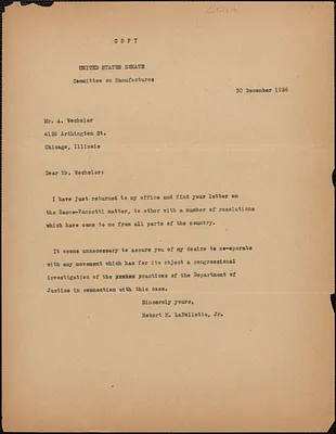 Robert M. LaFollette (United States Senate) typed letter (copy) to A. Wechsler, [Washington, D. C.], December 30, 1926