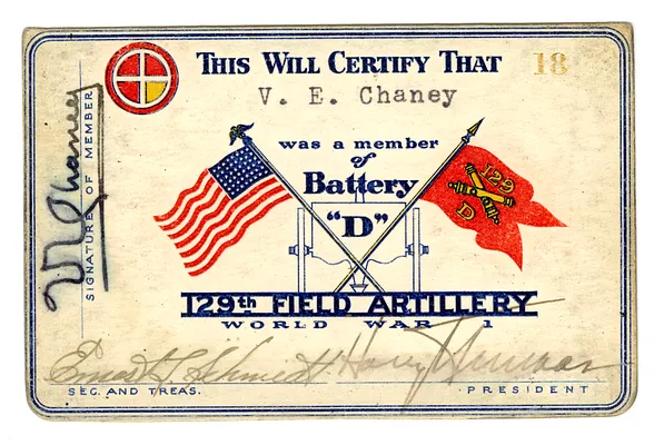 Verne E. Chaney's Battery "D" Membership Card