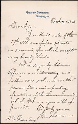 Letter from John Sherman, Washington, to Darwin C. Pavey, 1880 October 22