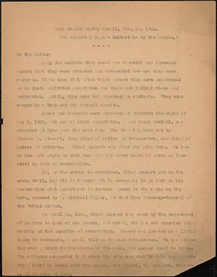 Thomas O'Connor typed letter (copy) to Editor, Boston Sunday Herald, Waltham, Mass., November 14, 1926