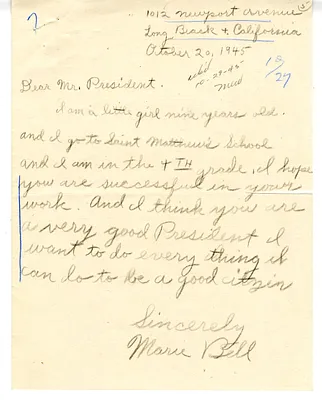 Marie Bell to Harry S. Truman with a Reply from William D. Hassett