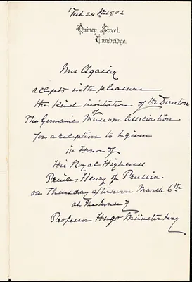 Agassiz, Elizabeth Cabot Cary, 1822-1907 autograph note (3rd person) to Hugo Münsterberg, Cambridge, Mass., 24 February 1902