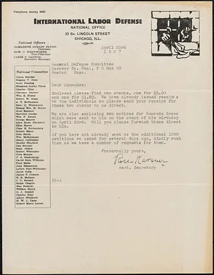 Rose Karsner (International Labor Defense) typed letter signed to Sacco-Vanzetti Defense Committee, Chicago, Ill., April 23, 1927