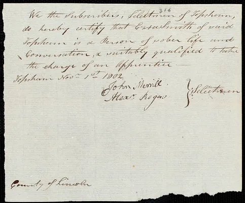 Peter Marmior indentured to apprentice with Ezra Smith of Topsham, 8 November 1802