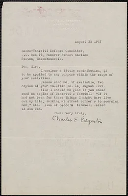 Charles E. Edgerton typed note signed to Sacco-Vanzetti Defense Committee, Ithaca, N. Y., August 25, 1927