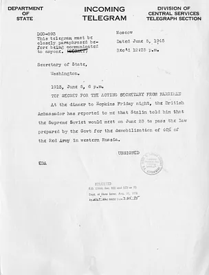 Telegram from Averell Harriman to  Secrertary of State Edward Stettinius