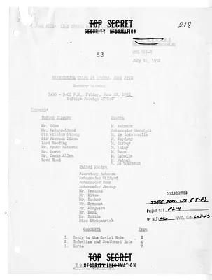 Memorandum of Ministerial Talks with Secretary of State Dean Acheson, Foreign Minister of Great Britain Anthony Eden, Ambassador of Great Britain Sir Oliver Franks, United States Ambassador to Great Britain Walter Gifford, Foreign Minister of France Robert Schuman, and Others