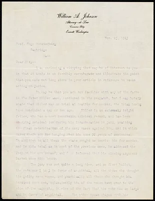 Johnson, William A., fl.1913 typed letter signed to Hugo Münsterberg, Everett, Wash., 15 November 1913