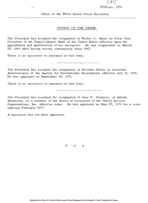 Resignation announcements of Walter C. Sauer, Herman Kleine, and Jeno F. Paulucci [Position Appointments and Resignations]