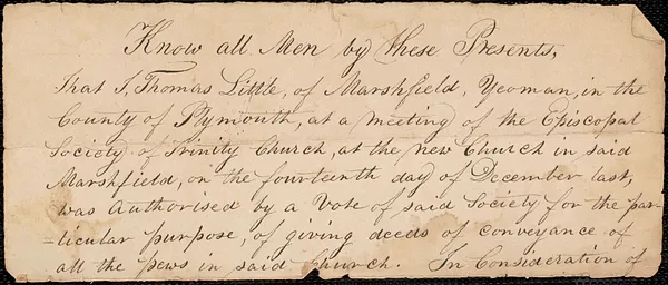 Deed of pew conveyance for pew owner Benjamin Cudworth, mariner of Marshfield