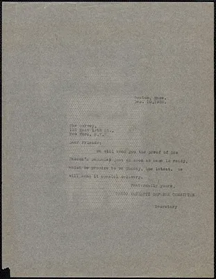 Sacco-Vanzetti Defense Committee typed note (copy) to The Survey, Boston, Mass., December 10, 1926