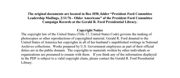President Ford Committee Leadership Mailings, 2/11/76 - Older Americans