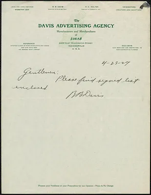 R. B. Davis autograph note signed to Sacco-Vanzetti Defense Committee, Indianapolis, Ind., April 23, 1927