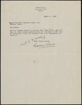 Warren Scholl typed note signed to Sacco-Vanzetti Defense Committee, Saint Ignace, Mich., March 1, 1924