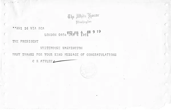Telegram from Clement Attlee to President Harry S. Truman