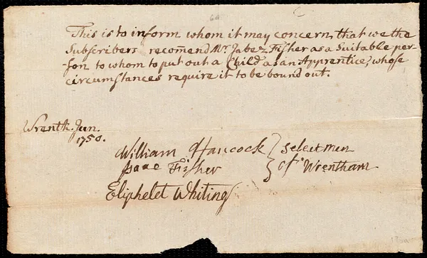 Lidia Richardson indentured to apprentice with Jabez Fisher of Wrentham, 2 October 1750