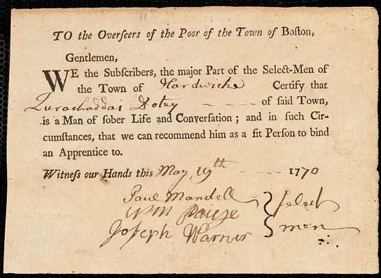 Mary Fothergill indentured to apprentice with Zurashaddai Doty [Dotey] of Hardwick, 23 May 1770