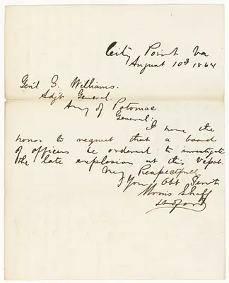 Letter from Morris Shaff, Lieutenant of Ordinance, to General Williams Requesting an Investigation of Explosion at His Depot