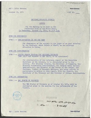 Agenda for the One Hundred and Fifth Meeting of the National Security Council