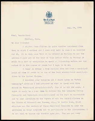 Jastrow, Ignaz, 1856-1937 typed letter signed to Hugo Münsterberg, Albany, N.Y., 24 August 1904