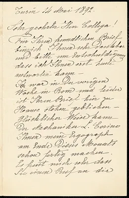 Mosso, A. (Angelo), 1846-1910 autograph letter signed to Hugo Münsterberg, Turin, Italy, 14 May 1892