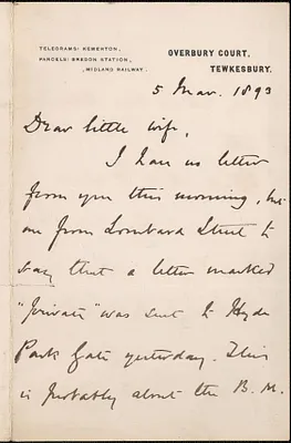 [John Biddulph Martin] autograph note signed to [Victoria Woodhull Martin], Tewkesbury, [England], March 5, 1893