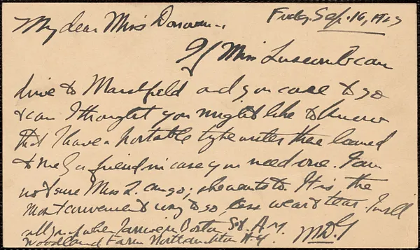 MDG autograph note (postcard) to Mary Donovan, Newburyport, Mass., September 16, 1927