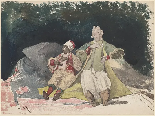 Two Dolls or Puppets Sitting on Cushions